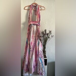 SHEIN Pink Multi-Print Halter Maxi Dress